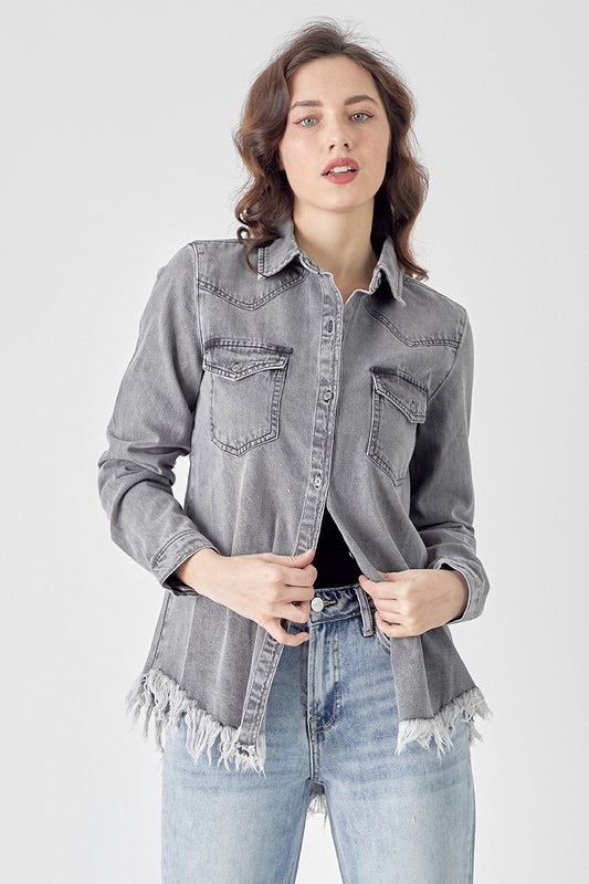 Risen Frayed Hem Denim Shirt