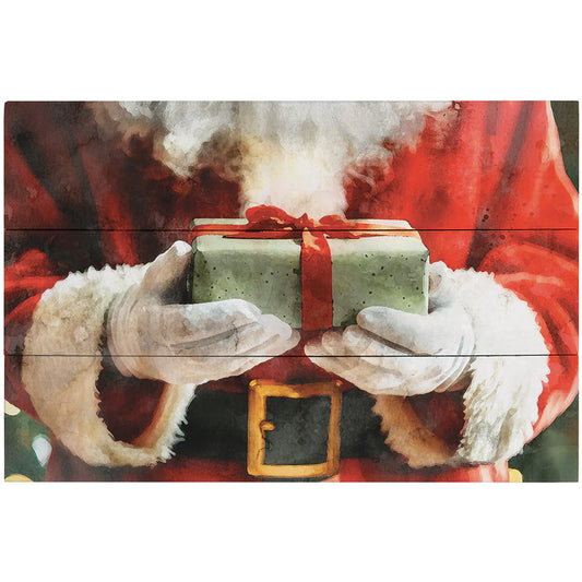 Santa Holding Present Wooden Plank Picture