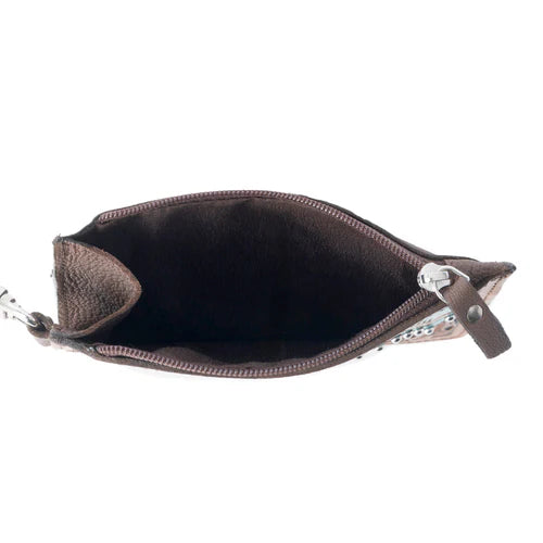 Myra Hand Hewn Western Card Holder for Women in Brown & Turquoise with handtooled detail