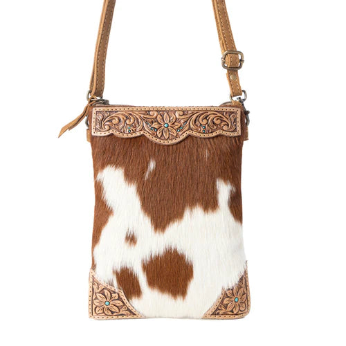 Myra Calico Hairon Crossbody Bag for Women in brown with hairon and handtooled detail