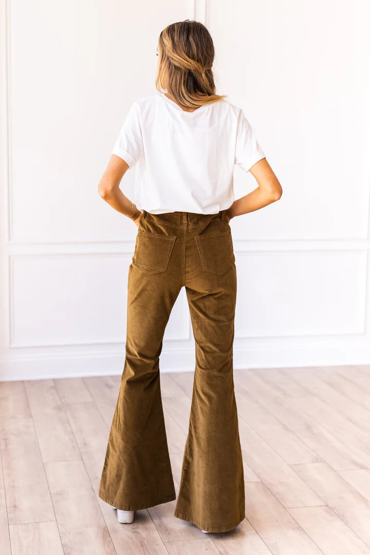 Southern Grace Olive Corduroy Flare Pants