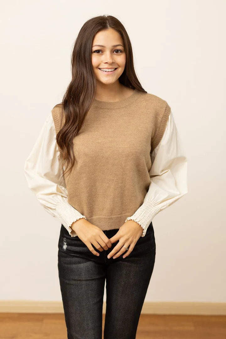 Southern Grace Tan Sweater Vest with Cream Sleeves