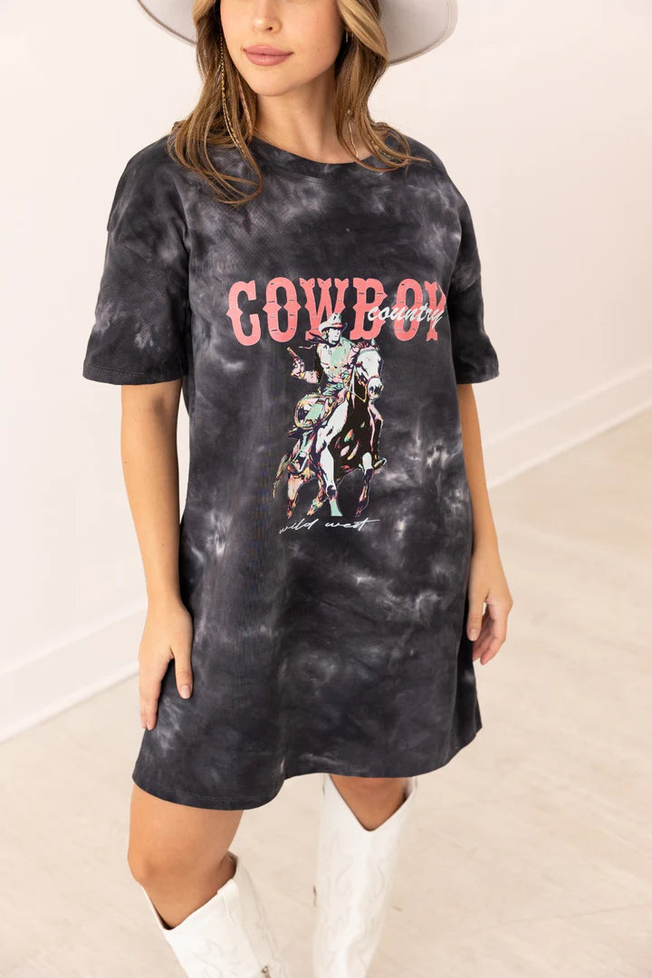 Southern Grace Cowboy Country Black Wash T-Shirt Dress