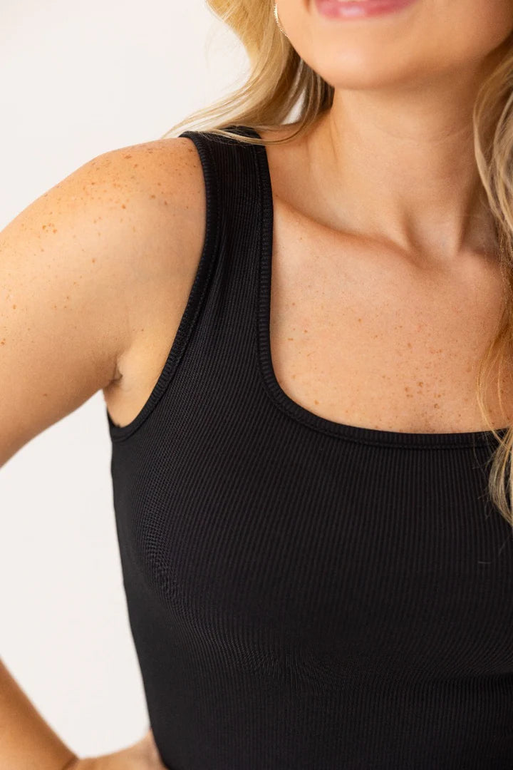 Southern Grace Bella Square Neck Rib Knit Tank Top- Black