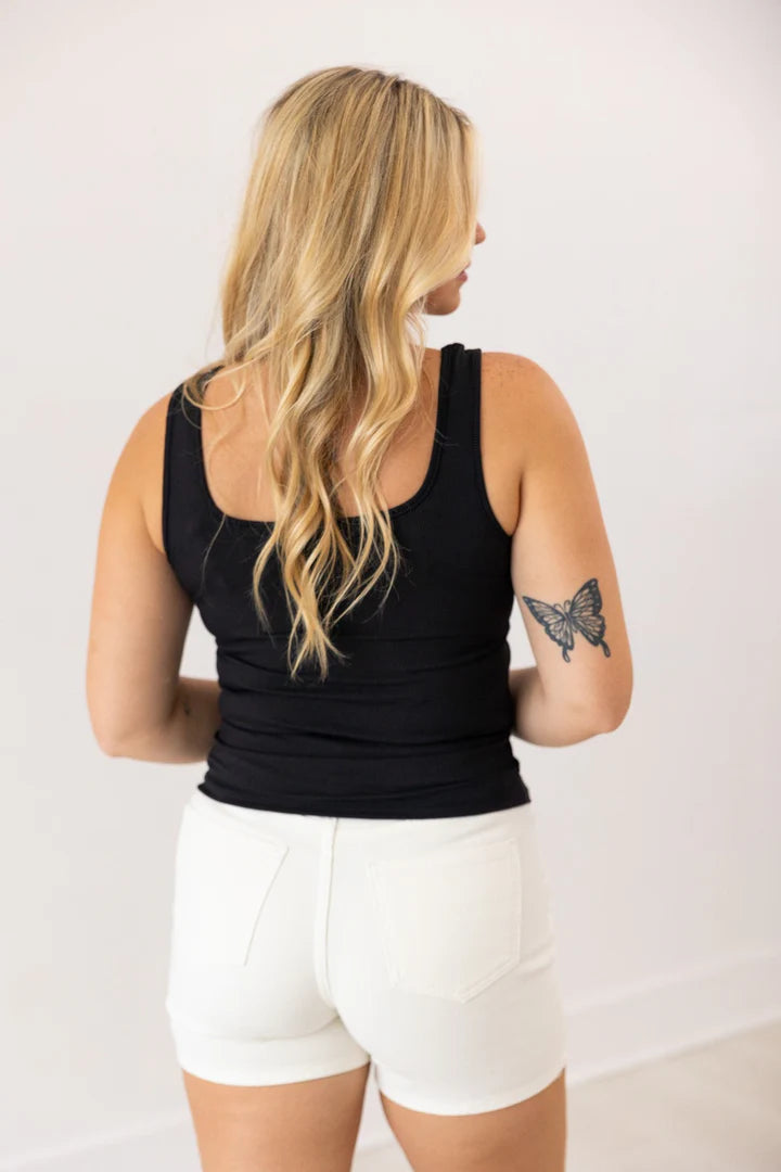 Southern Grace Bella Square Neck Rib Knit Tank Top- Black