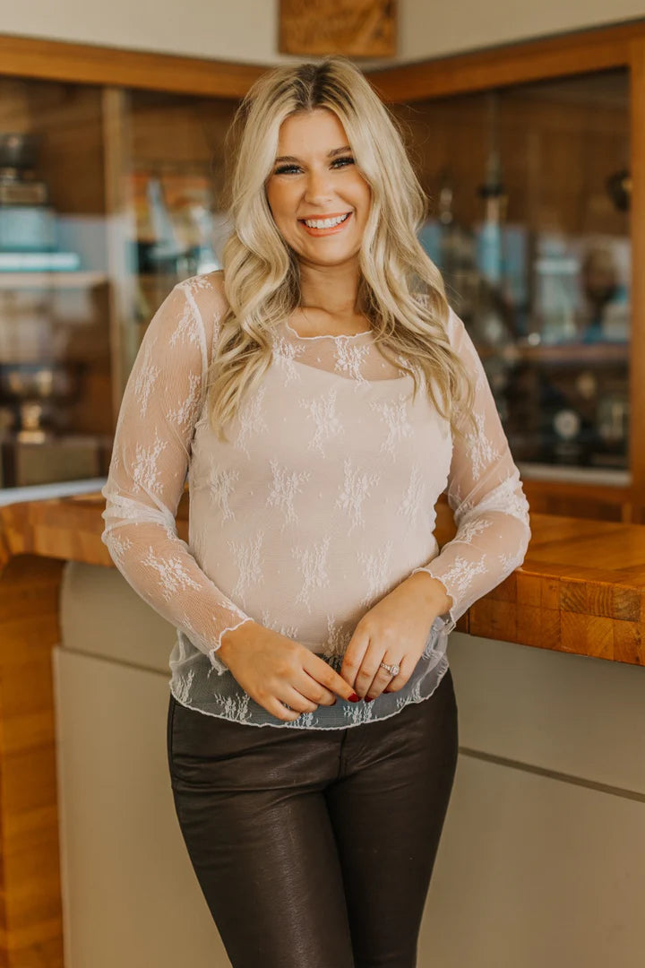 Southern Grace Lace Long-sleeve Top- White