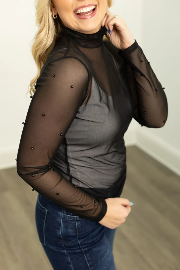 Southern Grace Mock Neck Mesh Top with Pearl Detail- Black