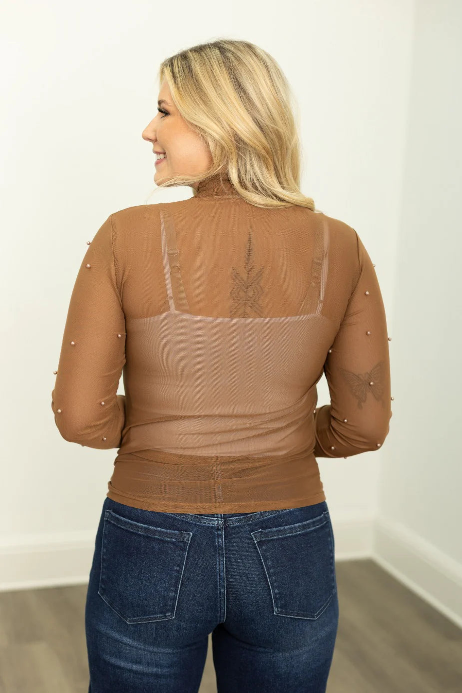 Southern Grace Mock Neck Mesh Top with Pearl Detail- Brown