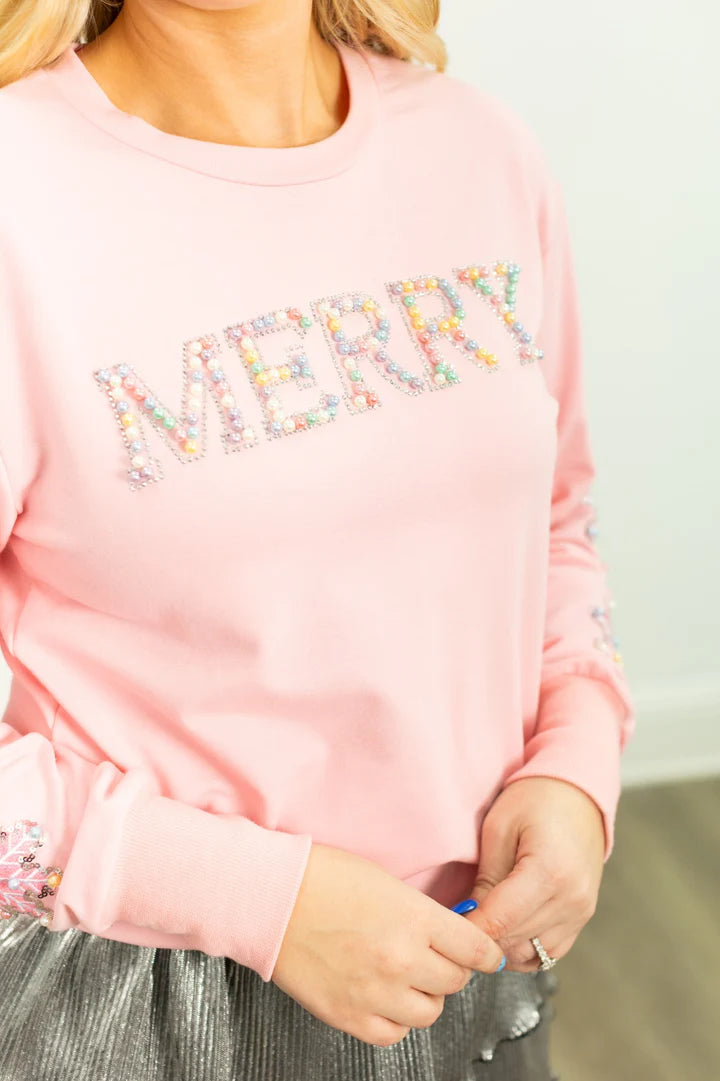 Southern Grace Pink Long Sleeve Shirt With Pearl Merry On Front