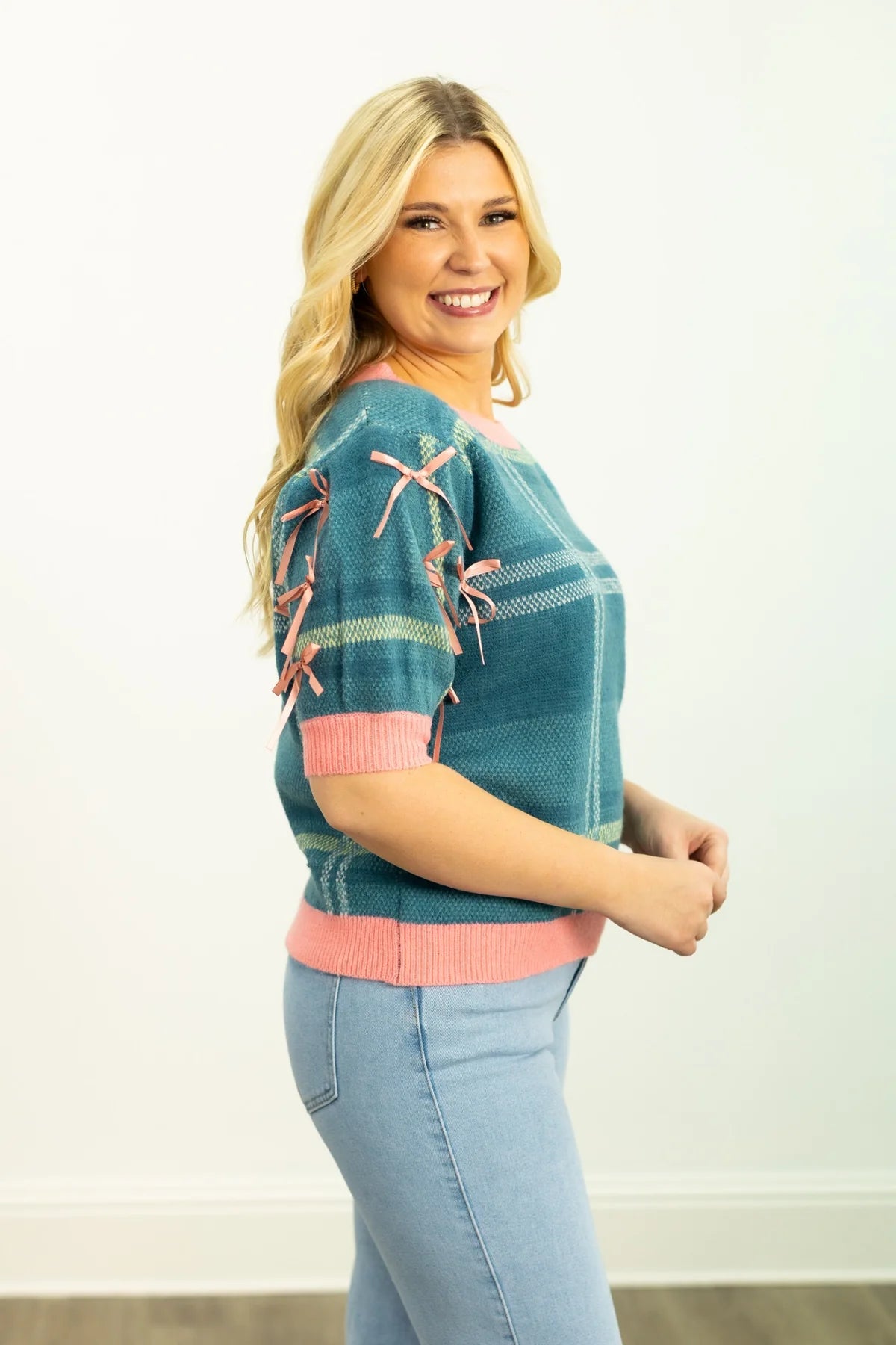 Southern Grace Plaid Sweater with Puff Sleeves
