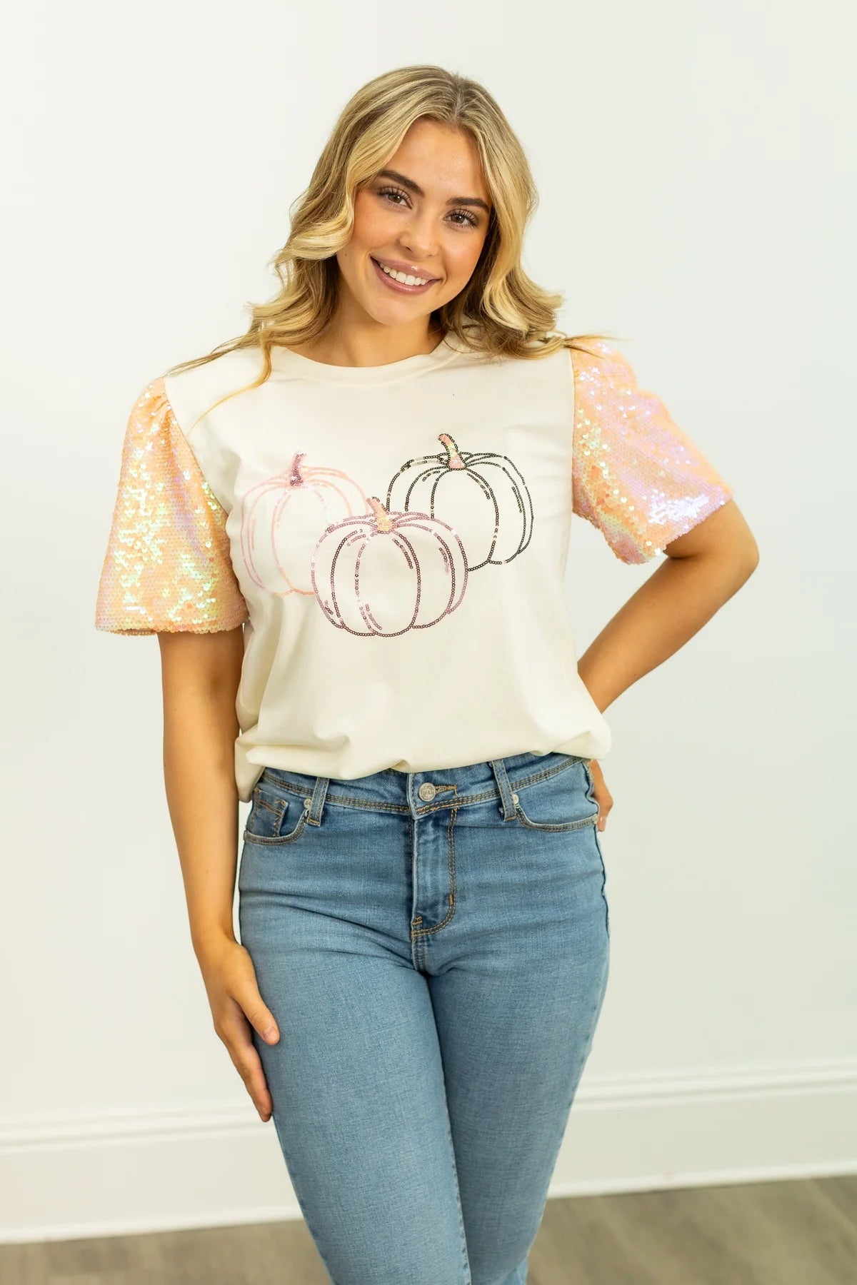 Southern Grace Trio Pumpkin T-Shirt With Sequin Sleeves