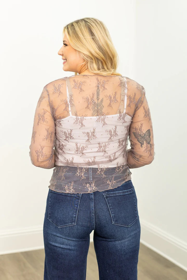 Southern Grace Lace Long-sleeve Top- Grey