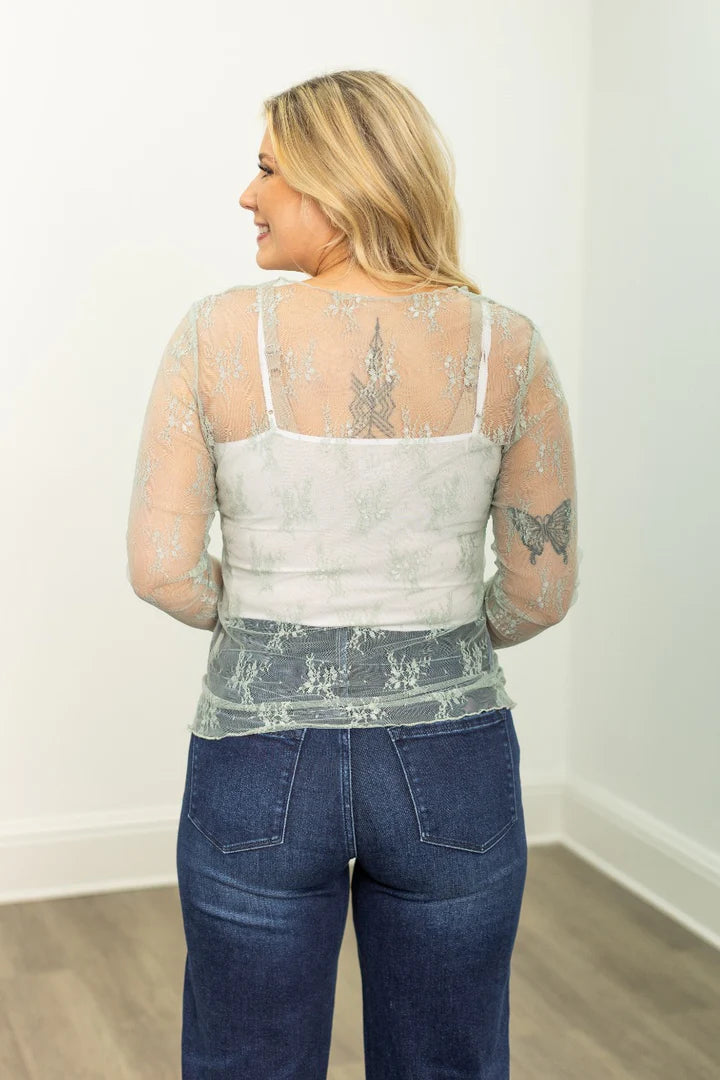 Southern Grace Lace Long-sleeve Top- Sage Green