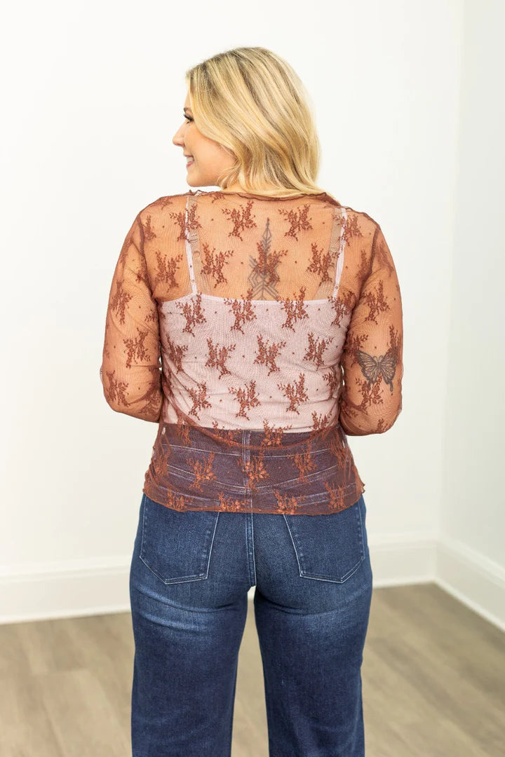 Southern Grace Lace Long-sleeve Top- Brown
