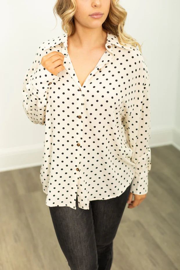 Southern Grace Ivory Polka-Dot Kathryn Classic Button-Up Top