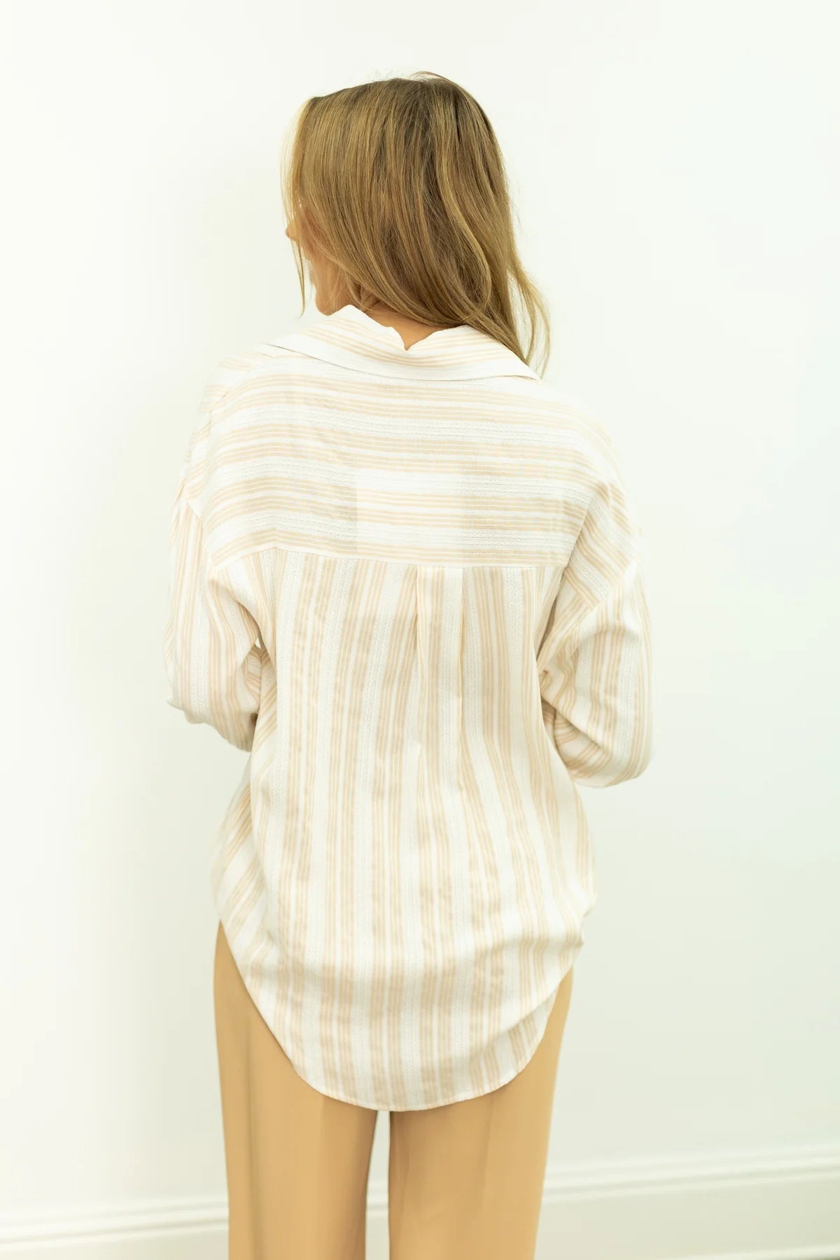 Southern Grace Kathryn Button-Up Shirt- White & Beige Stripes