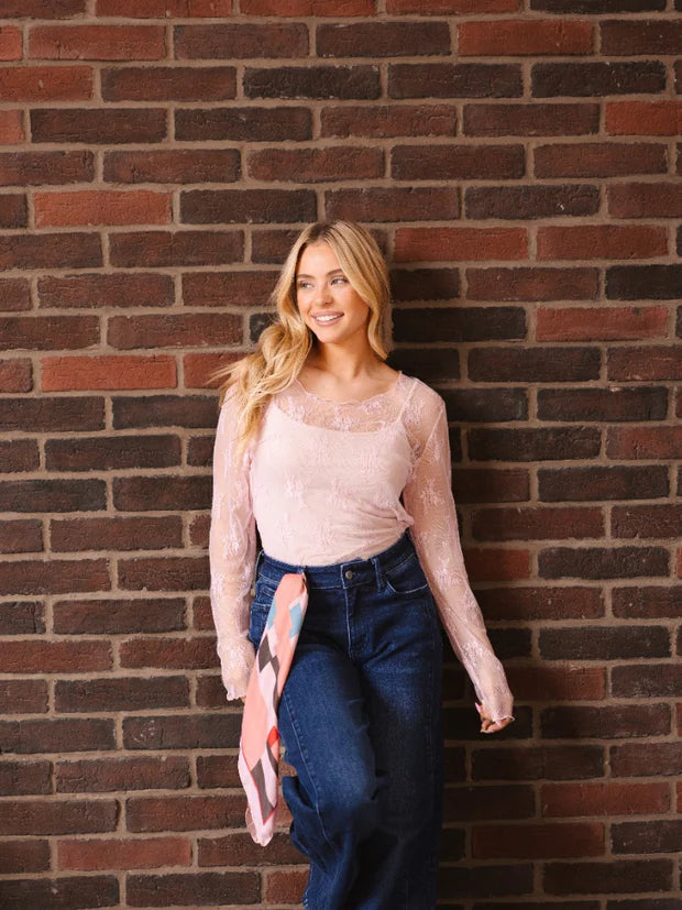 Southern Grace Lace Long-sleeve Top- Light Pink