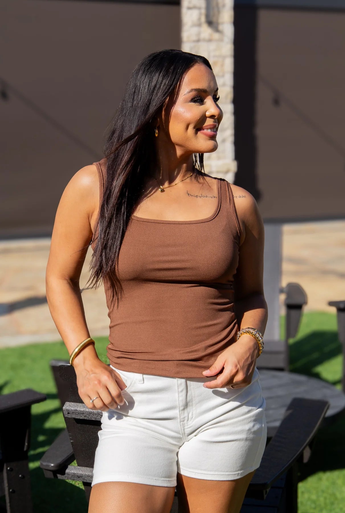 Southern Grace Bella Square Neck Rib Knit Tank Top- Brown