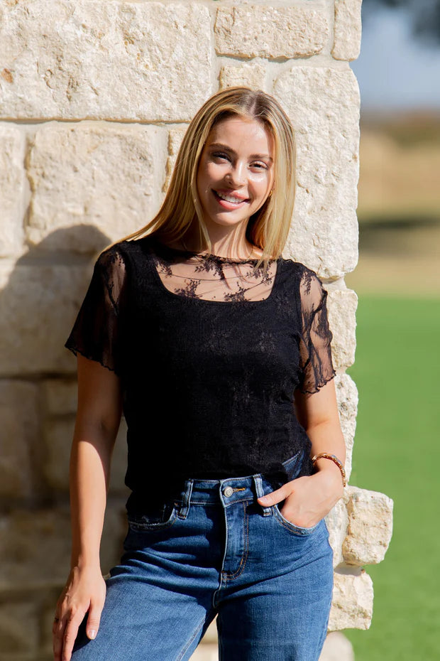Southern Grace Lace Short-Sleeve Top- Black