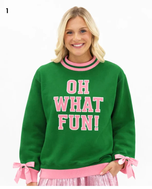 "Oh What Fun" on Green Mock Neck Top