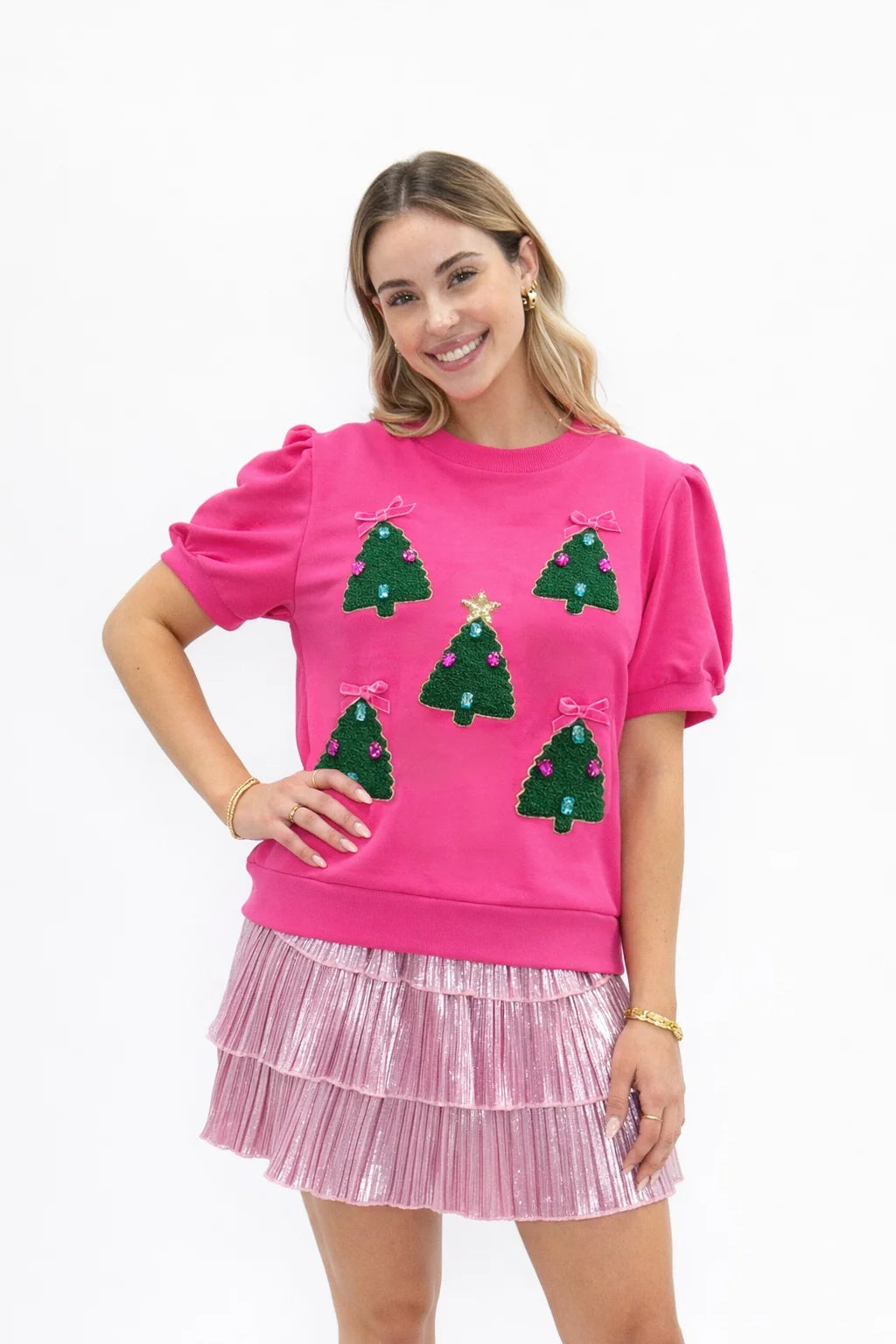 Christams Tree Patches on Hot Pink Short Sleeve Top