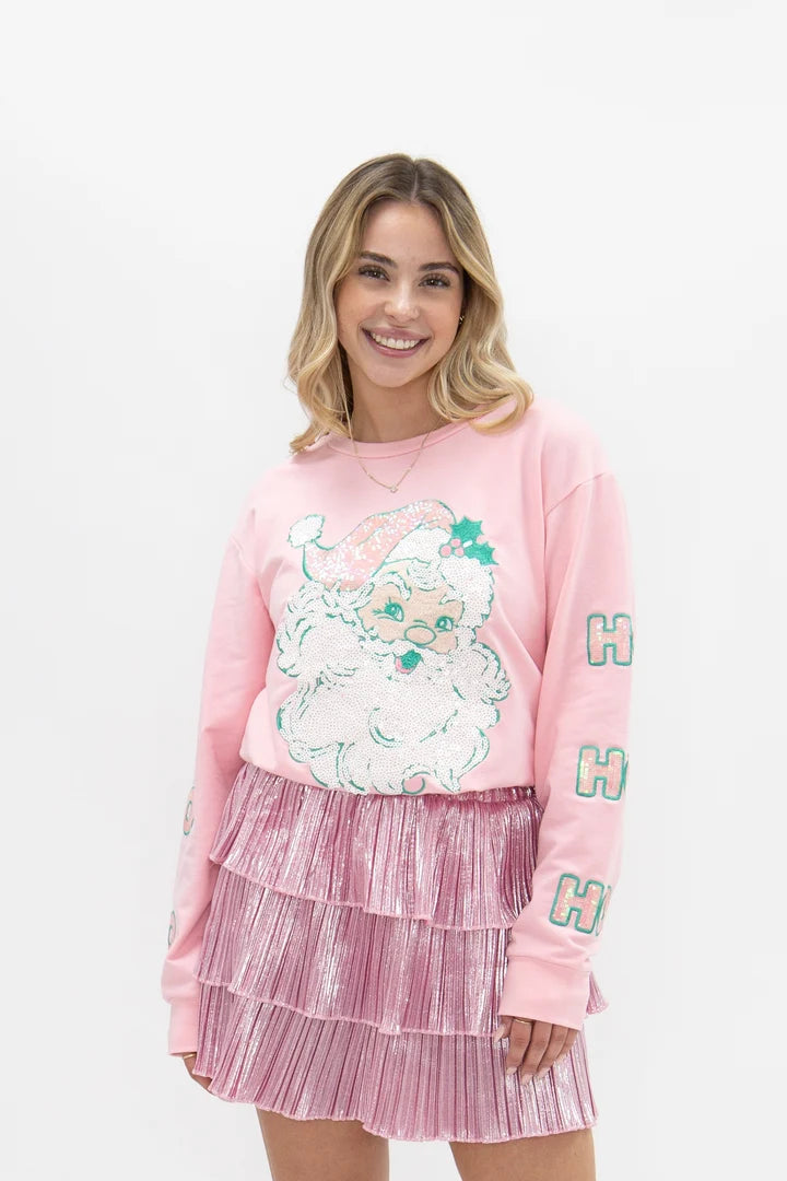Pastel Sequin Santa Patch on Pink Long Sleeve Top