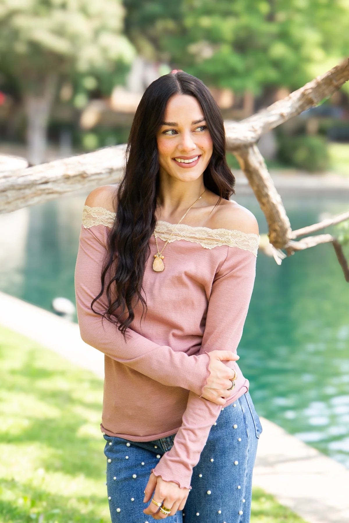 Grace+Emma Long sleeve Off-the-Shoulder Top with Lace Trim