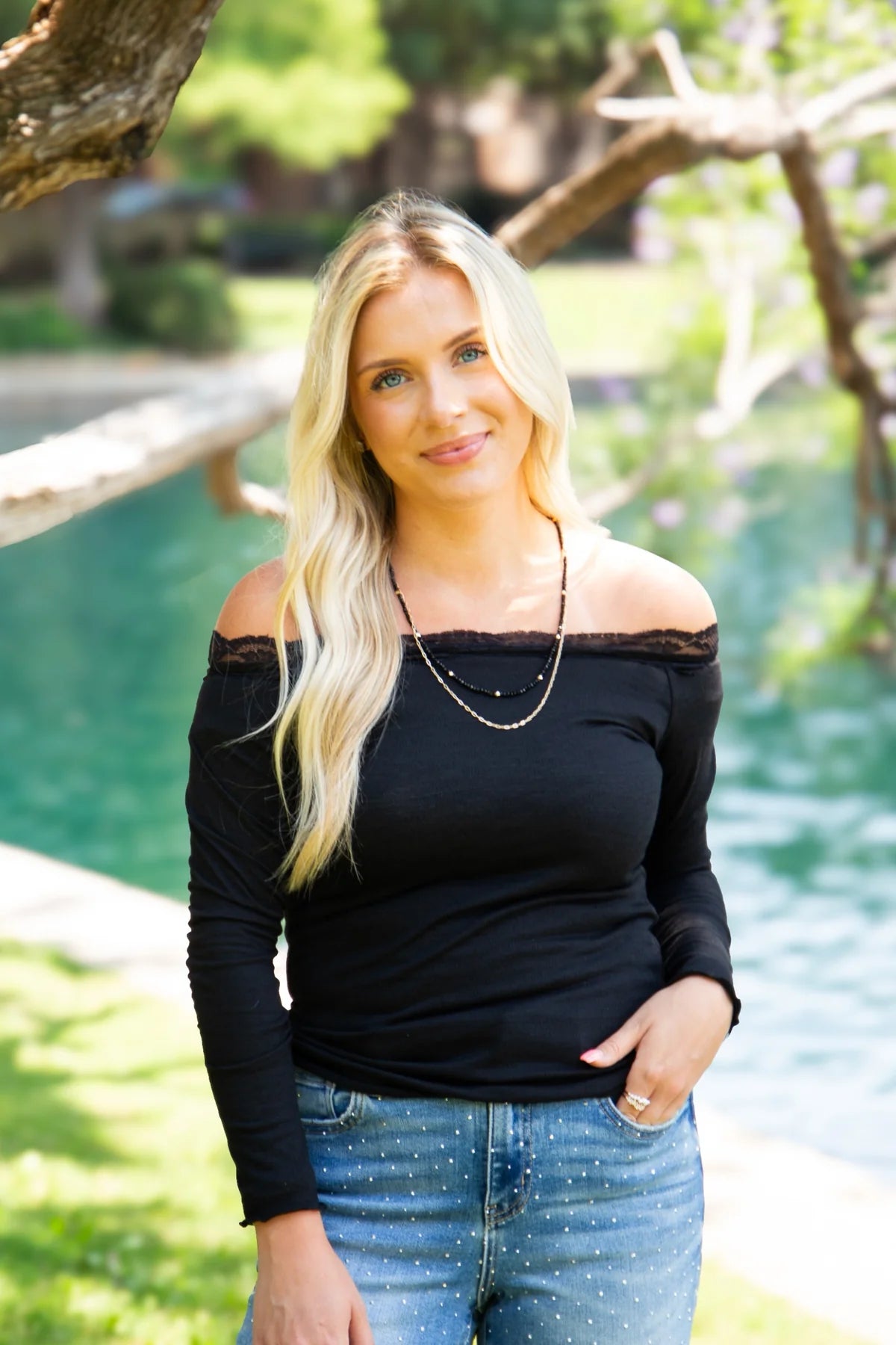 Grace+Emma Long sleeve Off-the-Shoulder Top with Lace Trim
