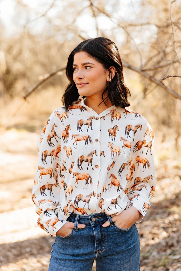 Grace & Emma Kathryn Button-Up, Horse Print