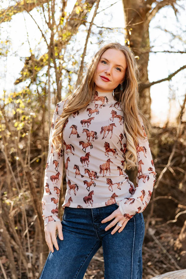 Grace & Emma Mock Neck Mesh Top, Horse Print