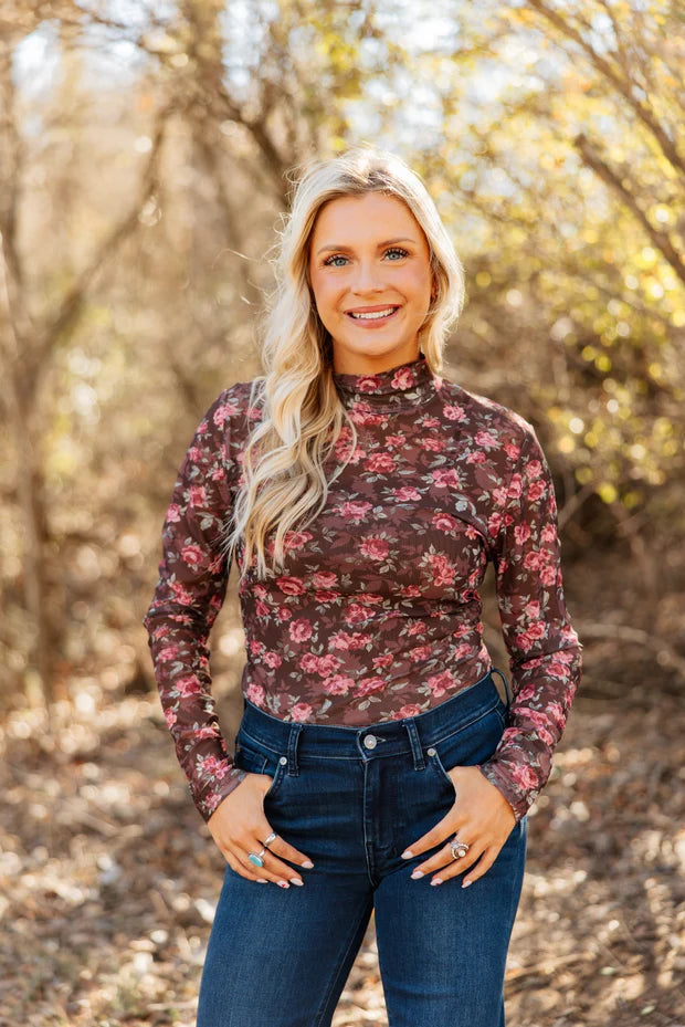 Grace & Emma Mock Neck Mesh Top, Floral