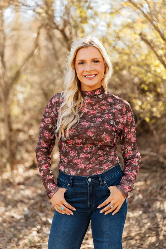 Grace & Emma Mock Neck Mesh Top, Floral