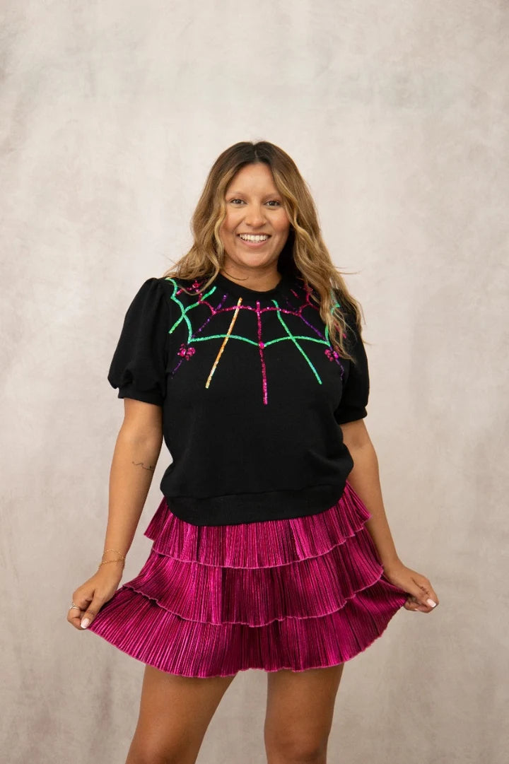 Southern Grace Spider Web Puff Sleeve Black Tee