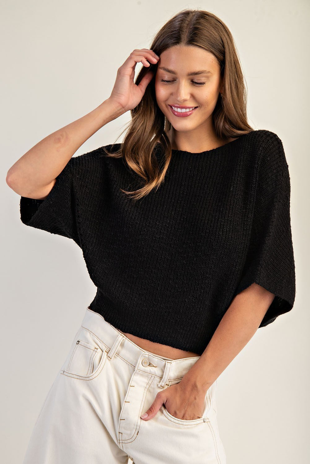 Cropped Half Dolman Sleeve Knit Sweater