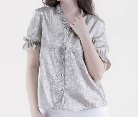 Metallic Short Sleeve Button-up With Ruffle Collar