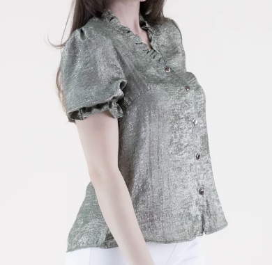 Metallic Short Sleeve Button-up With Ruffle Collar