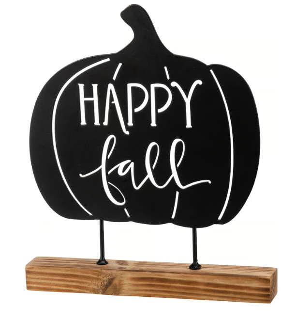 Happy Fall Metal Pumpkin Wood Base Sitter