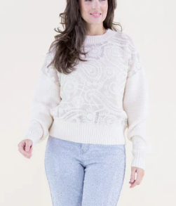 Beige Waffle Stitch Front Paisley Floral Embroidered Sweater