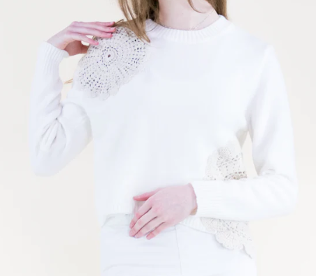 White Asymetrical Crochet Cropped Crew Neck Sweater