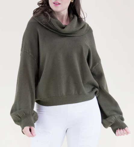 Olive Classy Draped Rib Cowl Neck Sweater
