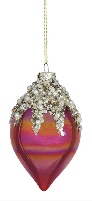 Red Iridescent Glass Ornament With Pearls & Gold Sequins