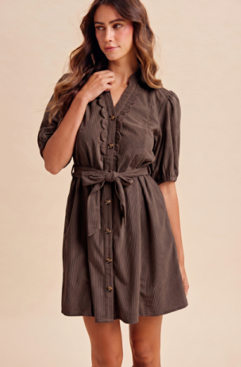 Corduroy Belted Mini Scalloped Dress
