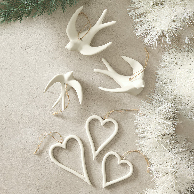 Ceramic Bisque Dove & Heart Ornaments