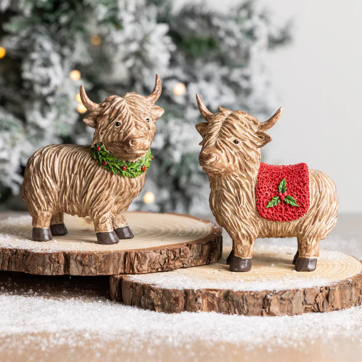 Resin Small Holiday Highland Cow Figures