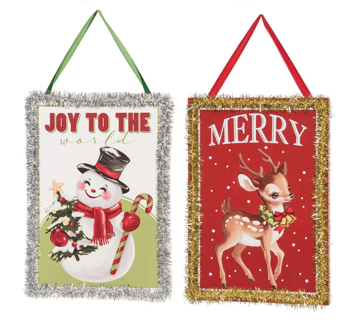 Wooden Square Ornament Picture With Tinsel