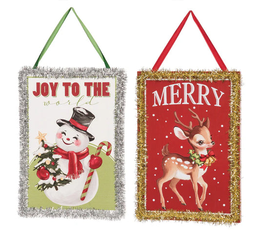 Wooden Square Ornament Picture With Tinsel