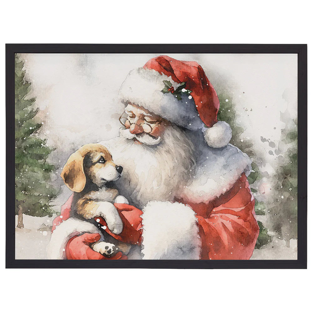 Santa With Puppy Wood Framed Wall Art