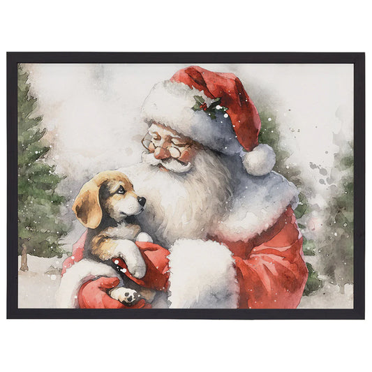 Santa With Puppy Wood Framed Wall Art