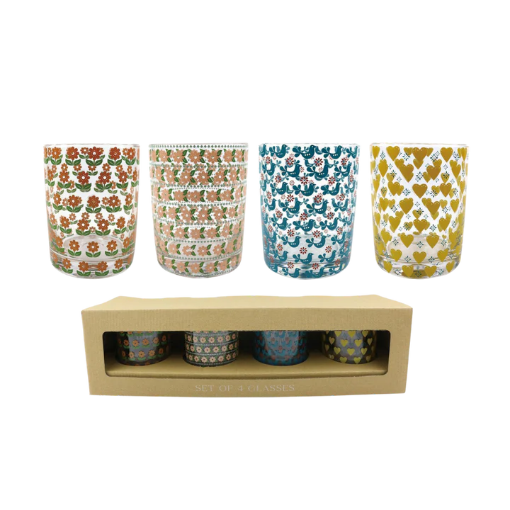 Retro Floral Print Glass Cups- Set Of 4