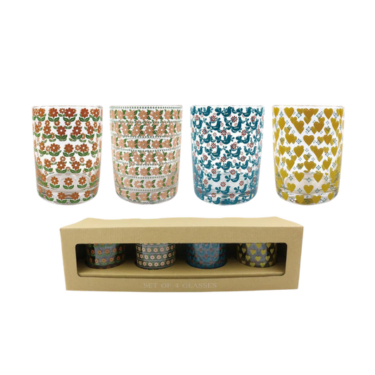 Retro Floral Print Glass Cups- Set Of 4